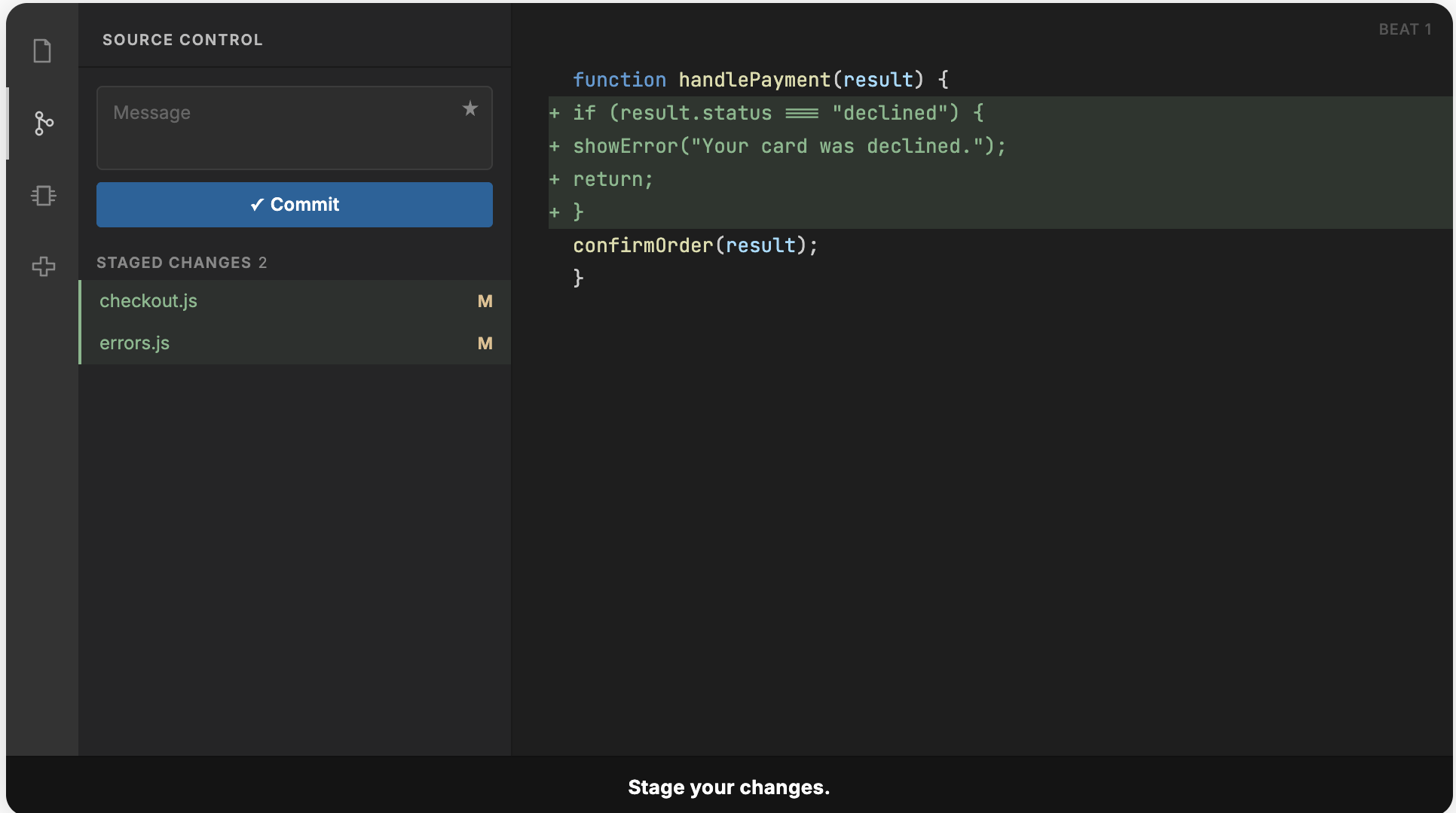 VS Code mockup: two staged files, checkout.js and errors.js, highlighted.