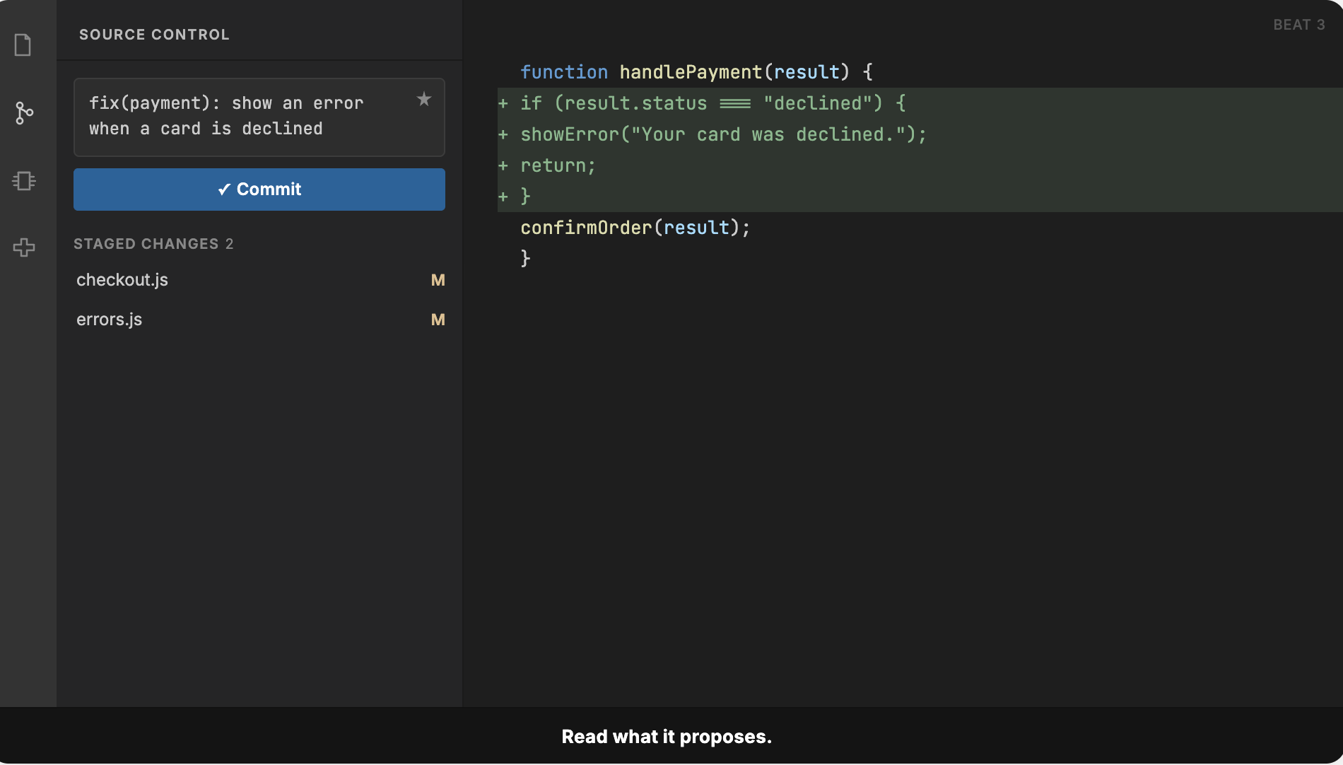 The tool proposes fix(payment): show an error when a card is declined.