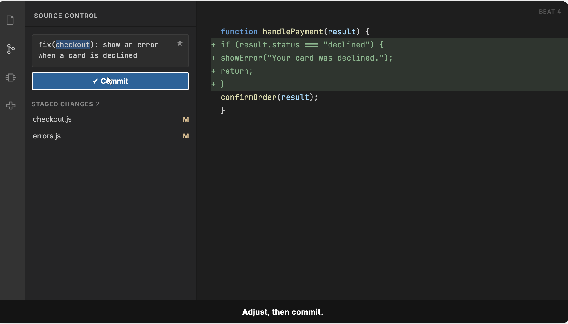 The developer replaces payment with checkout and clicks Commit.