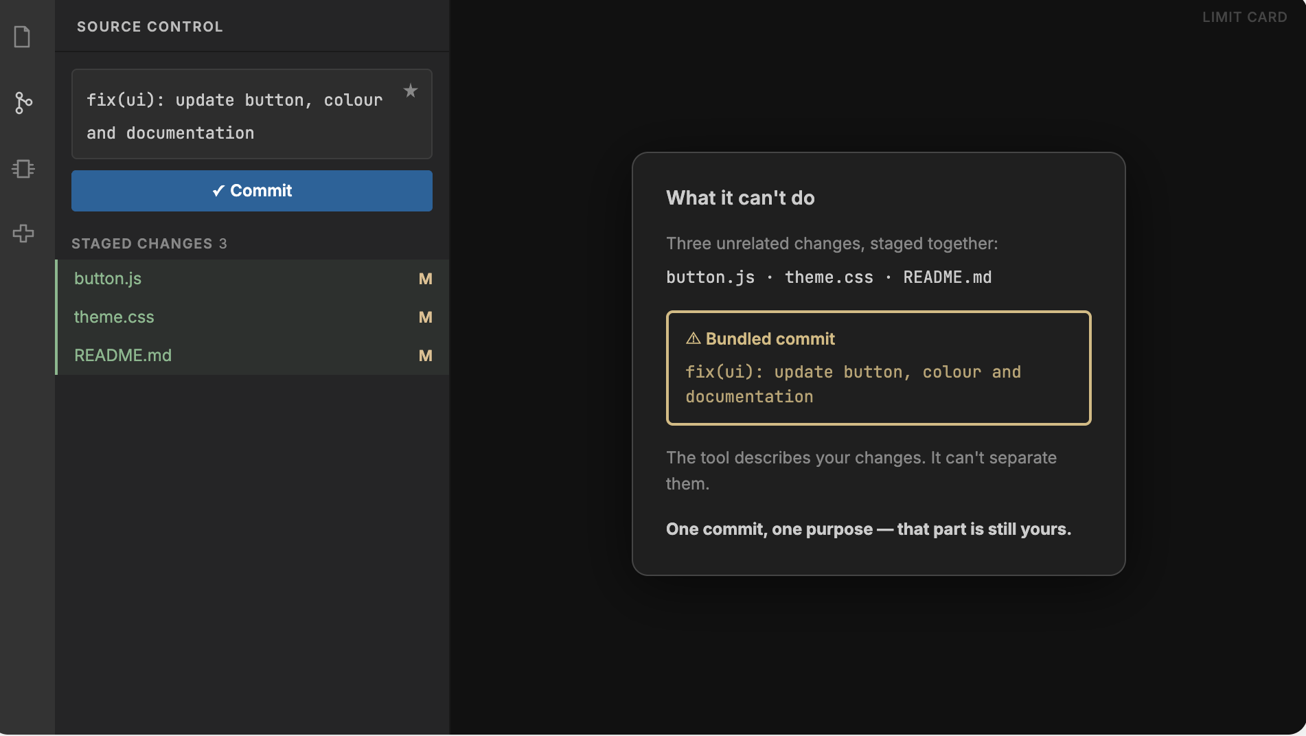 Limit card: three unrelated files produce a bundled commit message the tool cannot split.
