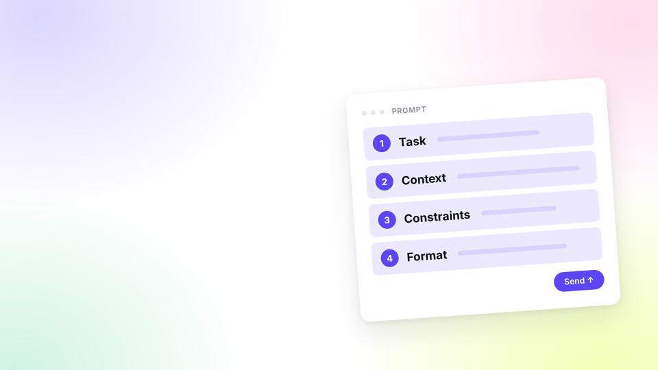 Course cover: a prompt card with four numbered parts, Task, Context, Constraints, Format