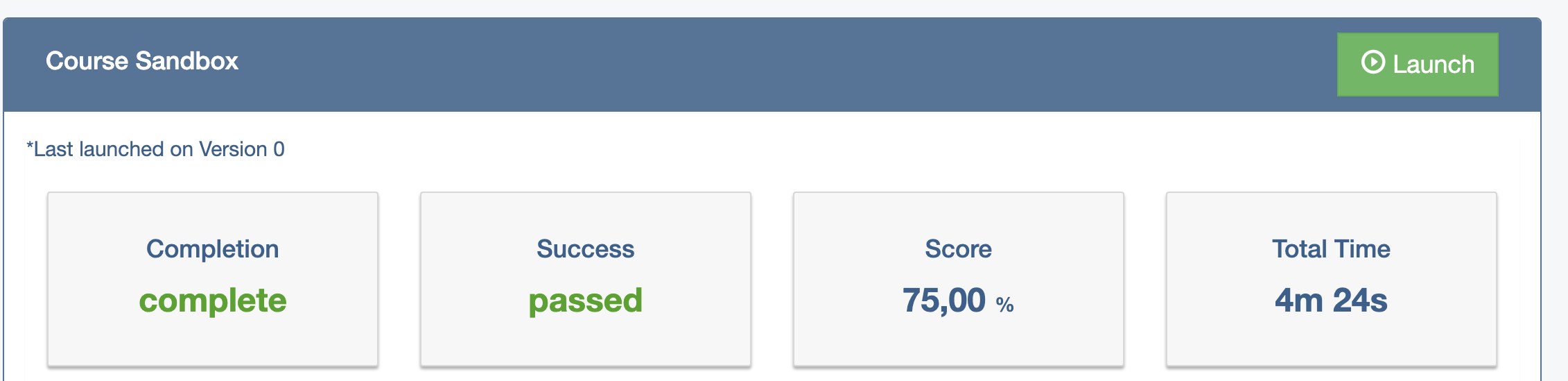 SCORM Cloud report: completion complete, success passed, score 75 percent, total time 4 minutes 24 seconds